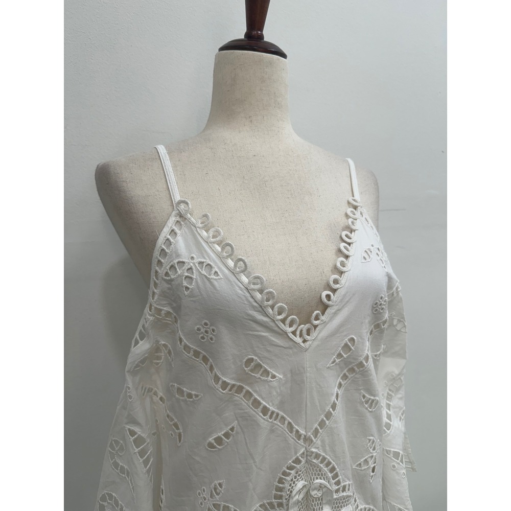 Zara Eyelet Lace Maxi Dress Size 1 White Crochet Boho V-Neck Open Back - Picture 3 of 11